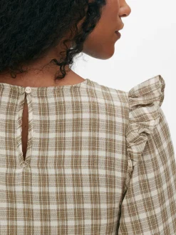 Chemisier Froncé à Carreaux Et Manches Longues