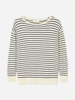 Pull Col Bateau à Rayures En Maille Fine